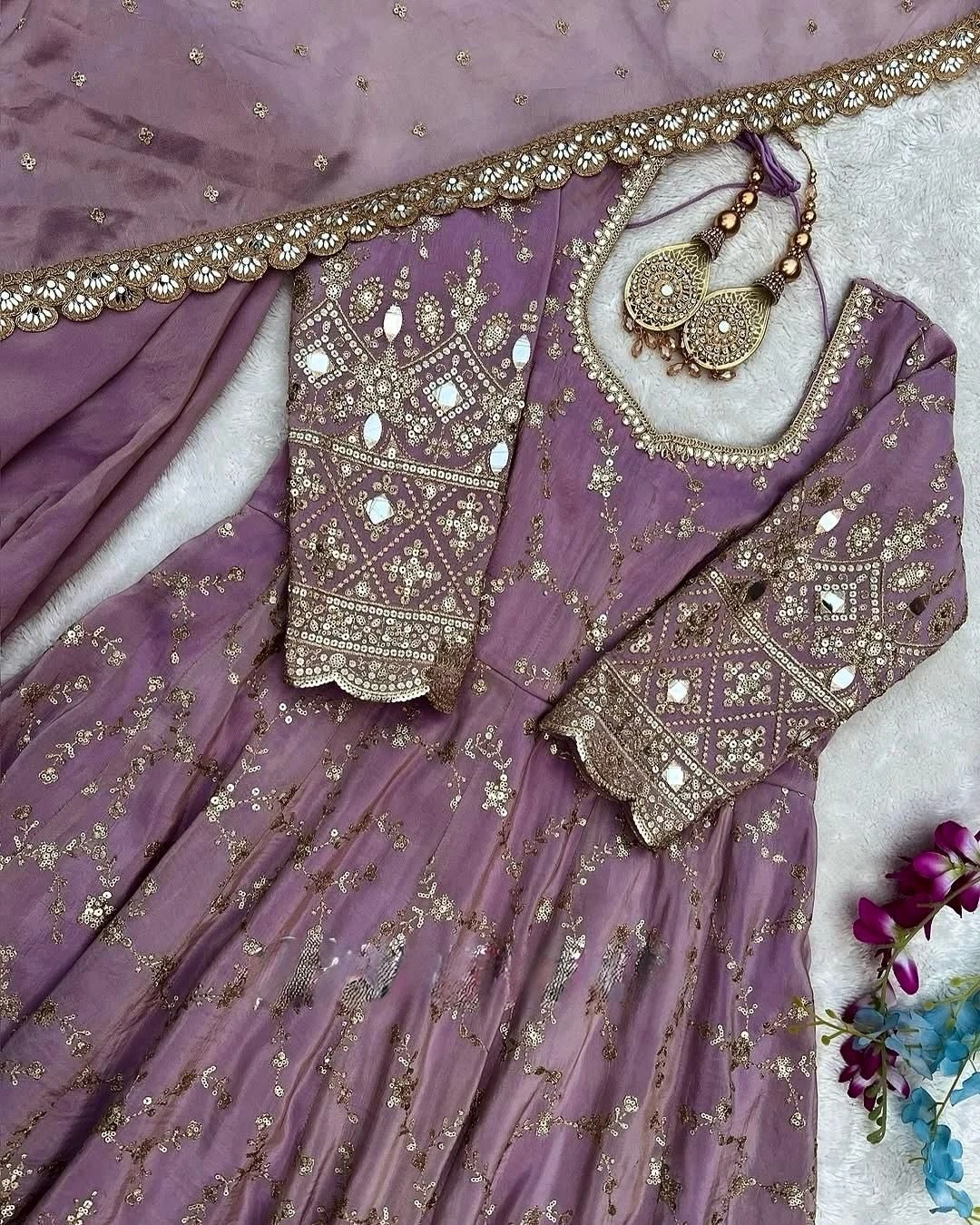Mauve Majesty Sequined Chinon Silk Anarkali Gown Set