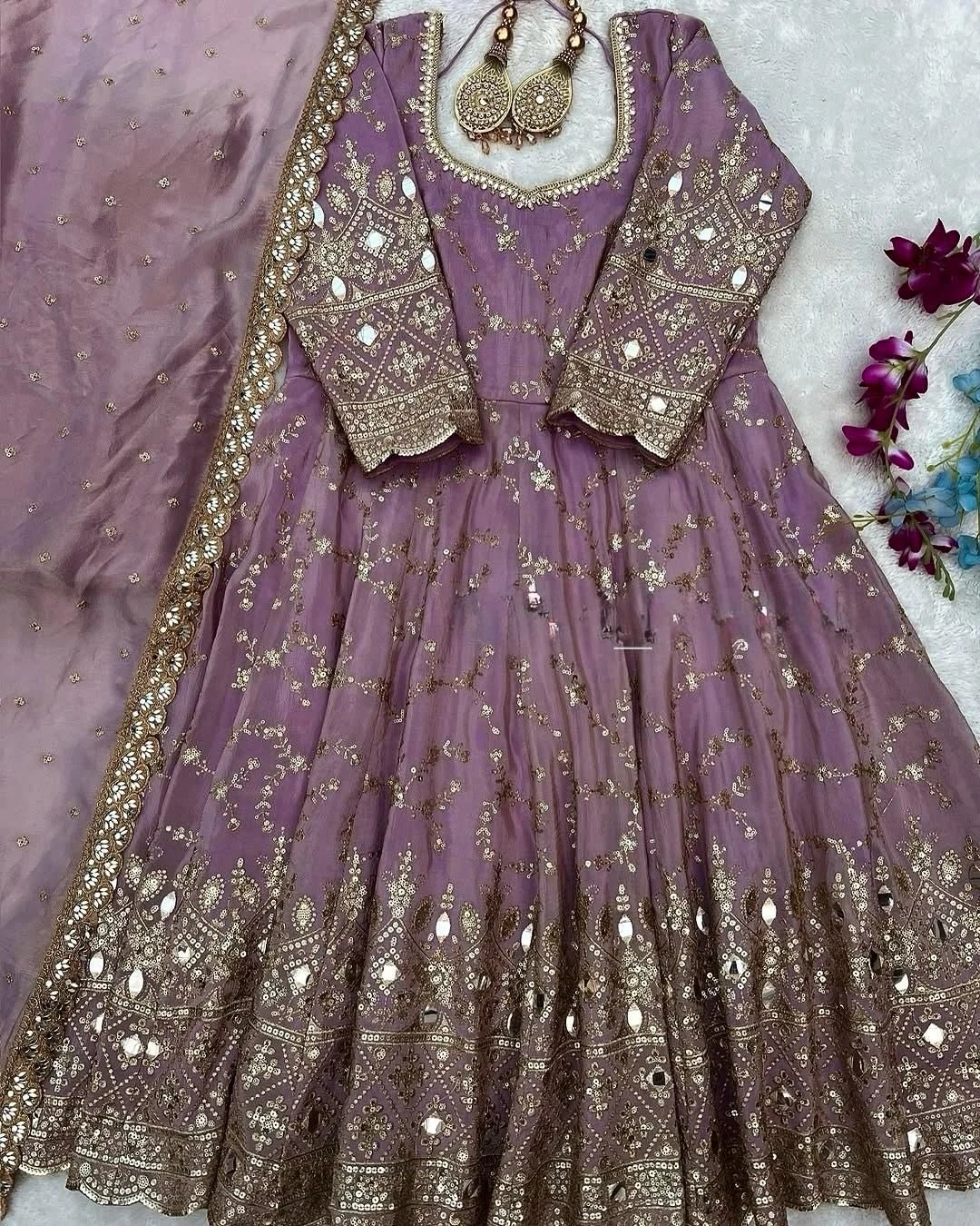 Mauve Majesty Sequined Chinon Silk Anarkali Gown Set