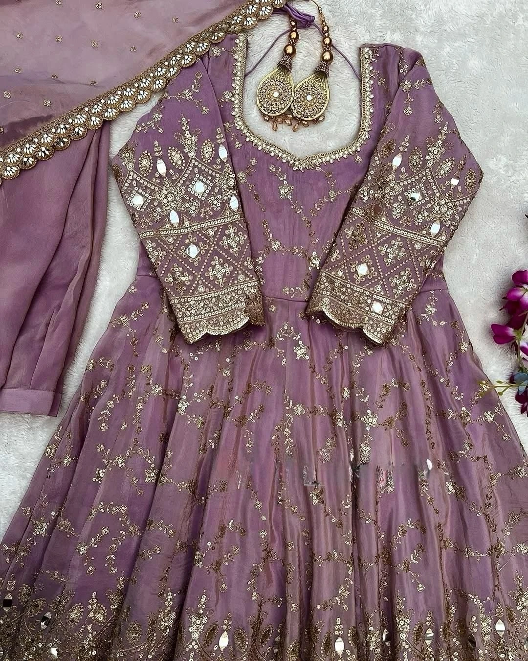 Mauve Majesty Sequined Chinon Silk Anarkali Gown Set
