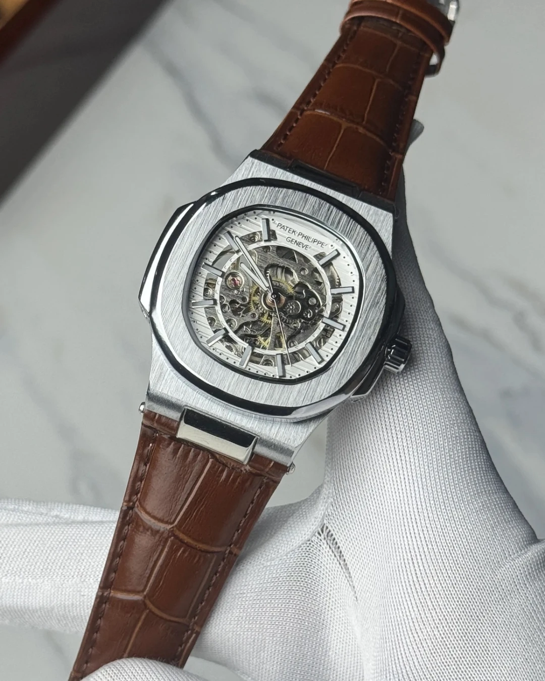 Patek Skeleton Brown Leather White Dial
