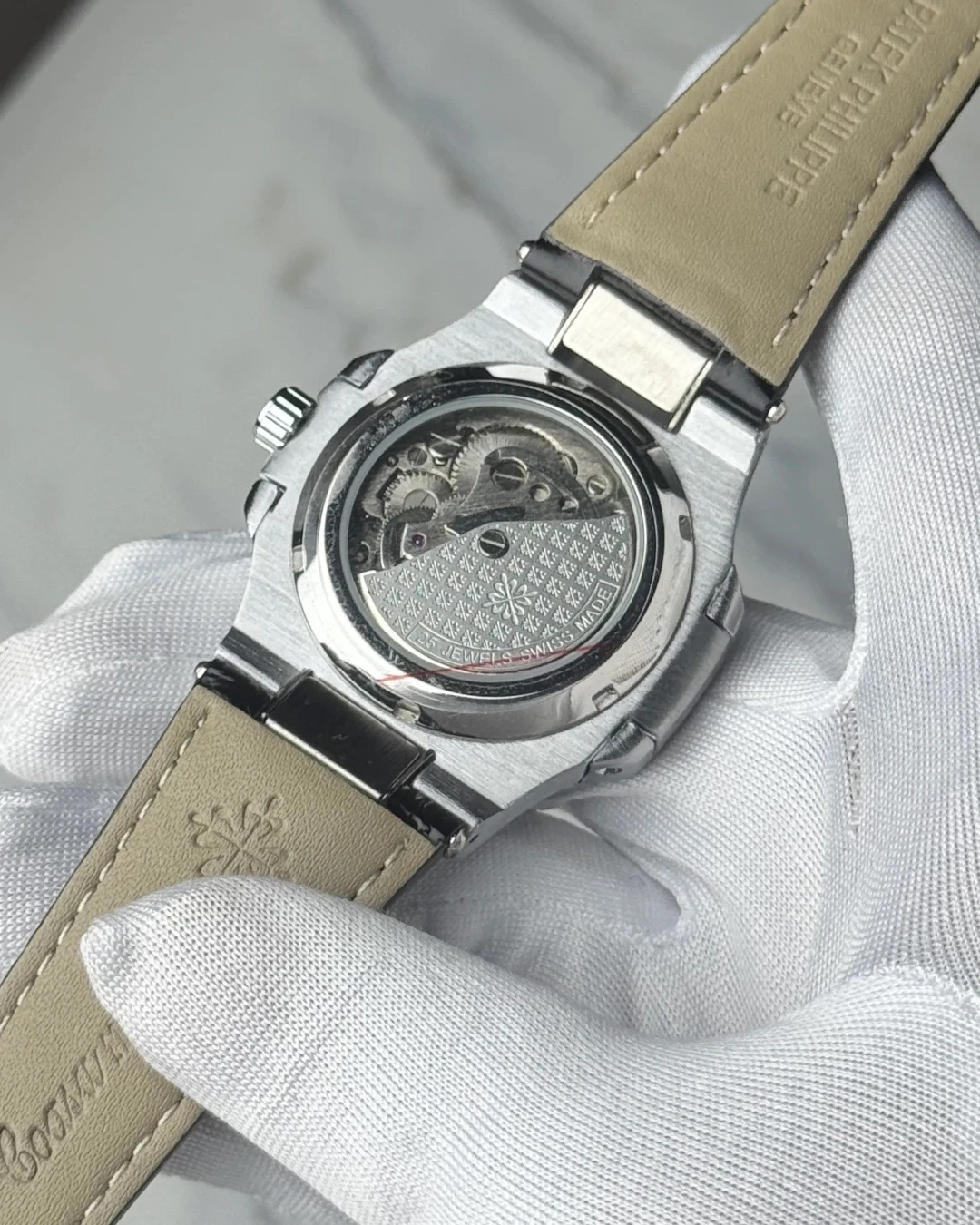 Patek Skeleton Brown Leather Two Tone Dial