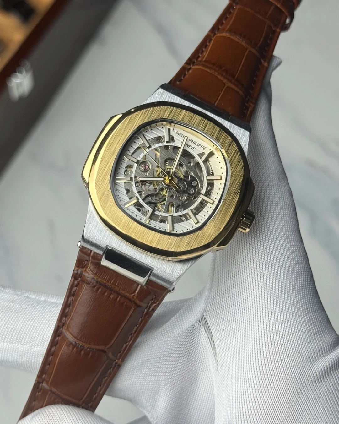 Patek Skeleton Brown Leather Two Tone Dial