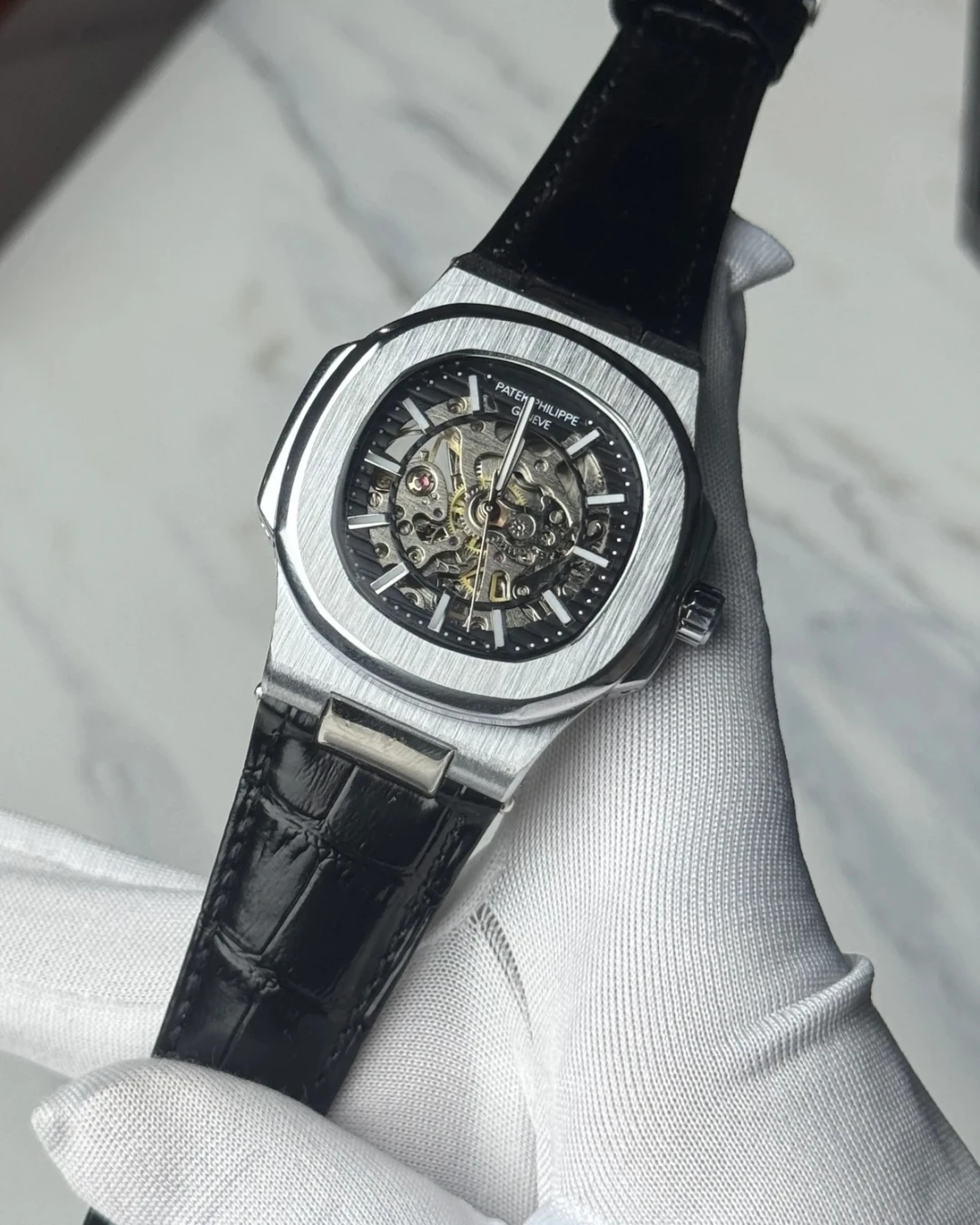 Patek Skeleton Black Leather Black Dial
