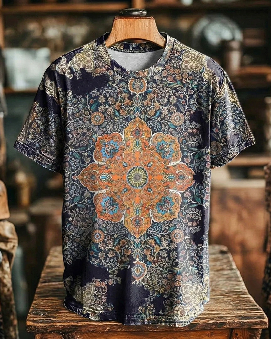 Vintage Abstract Gradient Mandala Print Casual Tee-1