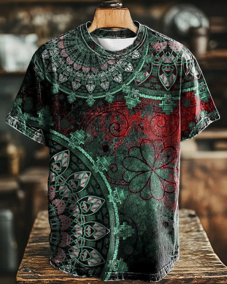 Vintage Abstract Gradient Mandala Print Casual Tee-1