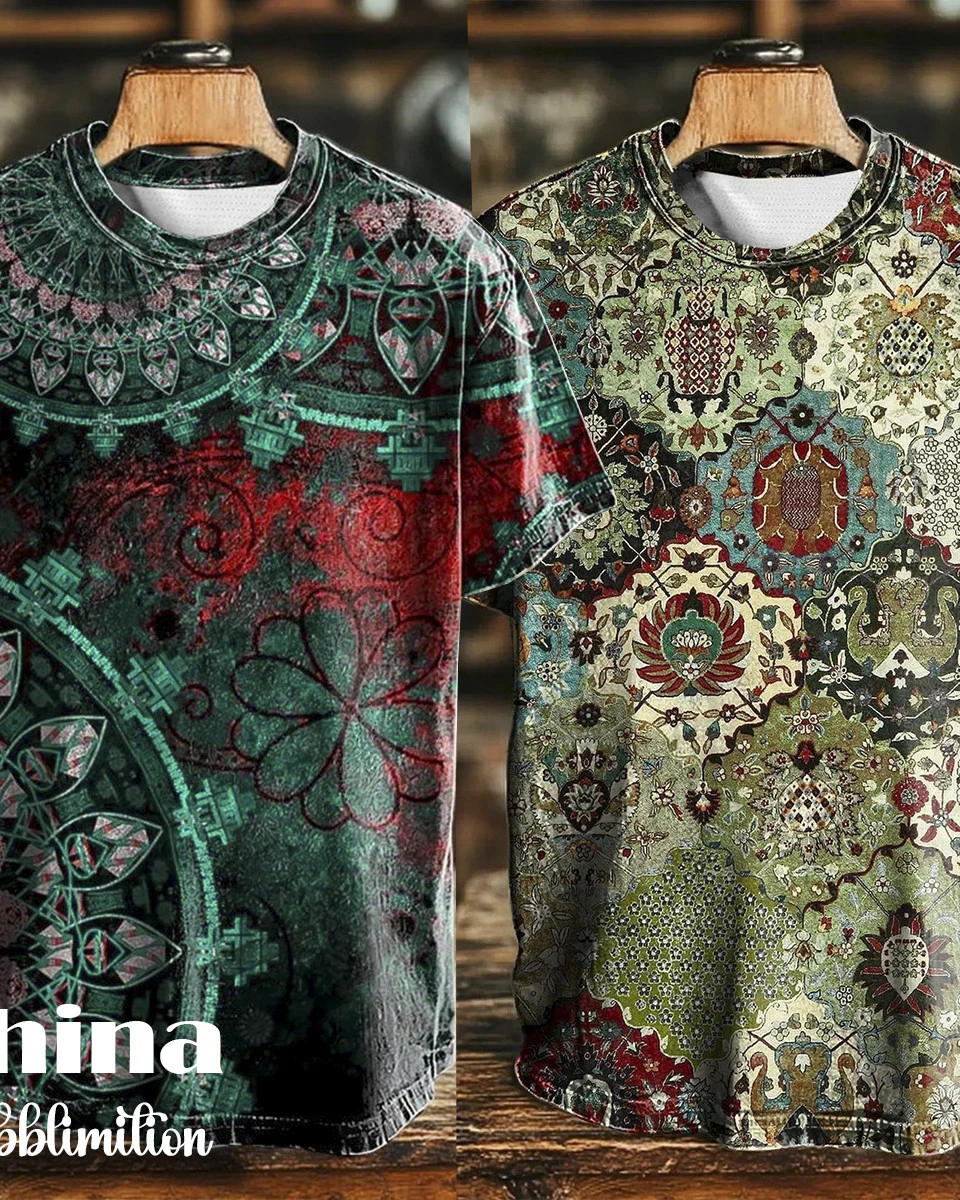 Vintage Abstract Gradient Print Casual Tee 2pics Combo-1