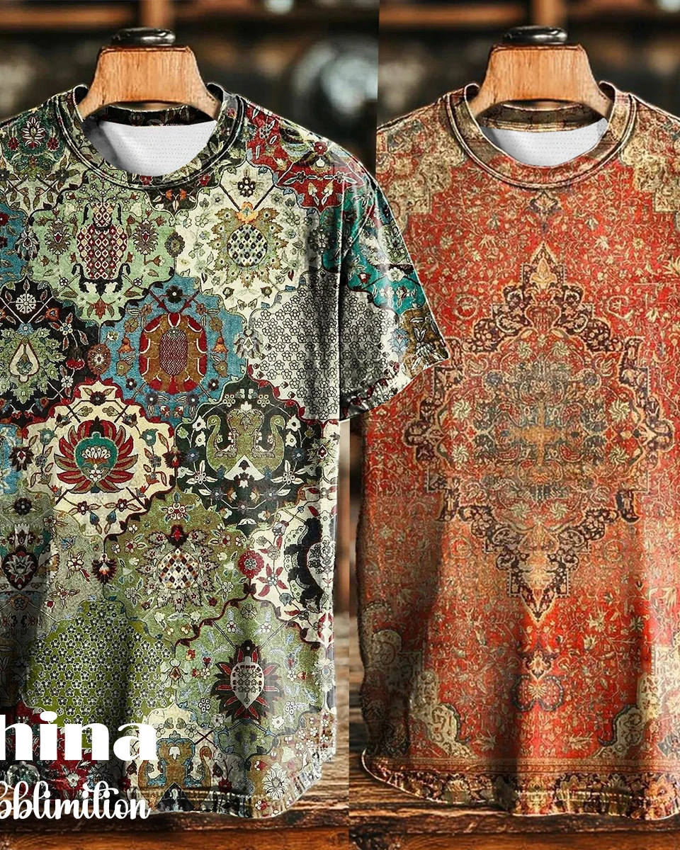 Vintage Abstract Gradient Print Casual Tee 2pics Combo-1