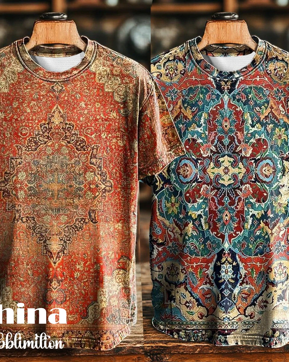 Vintage Abstract Gradient Print Casual Tee 2pics Combo-1
