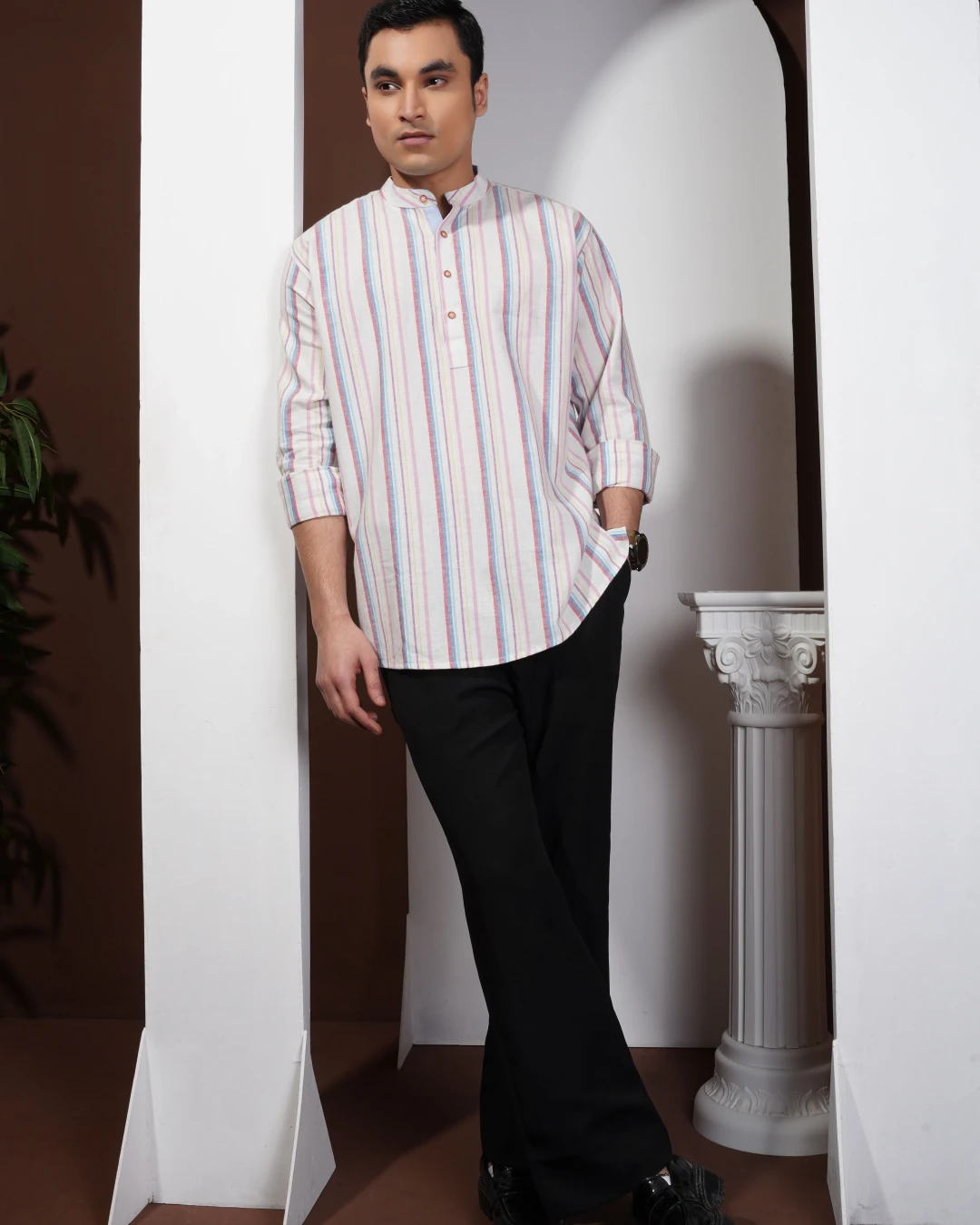 White base with multicolor vertical stripes