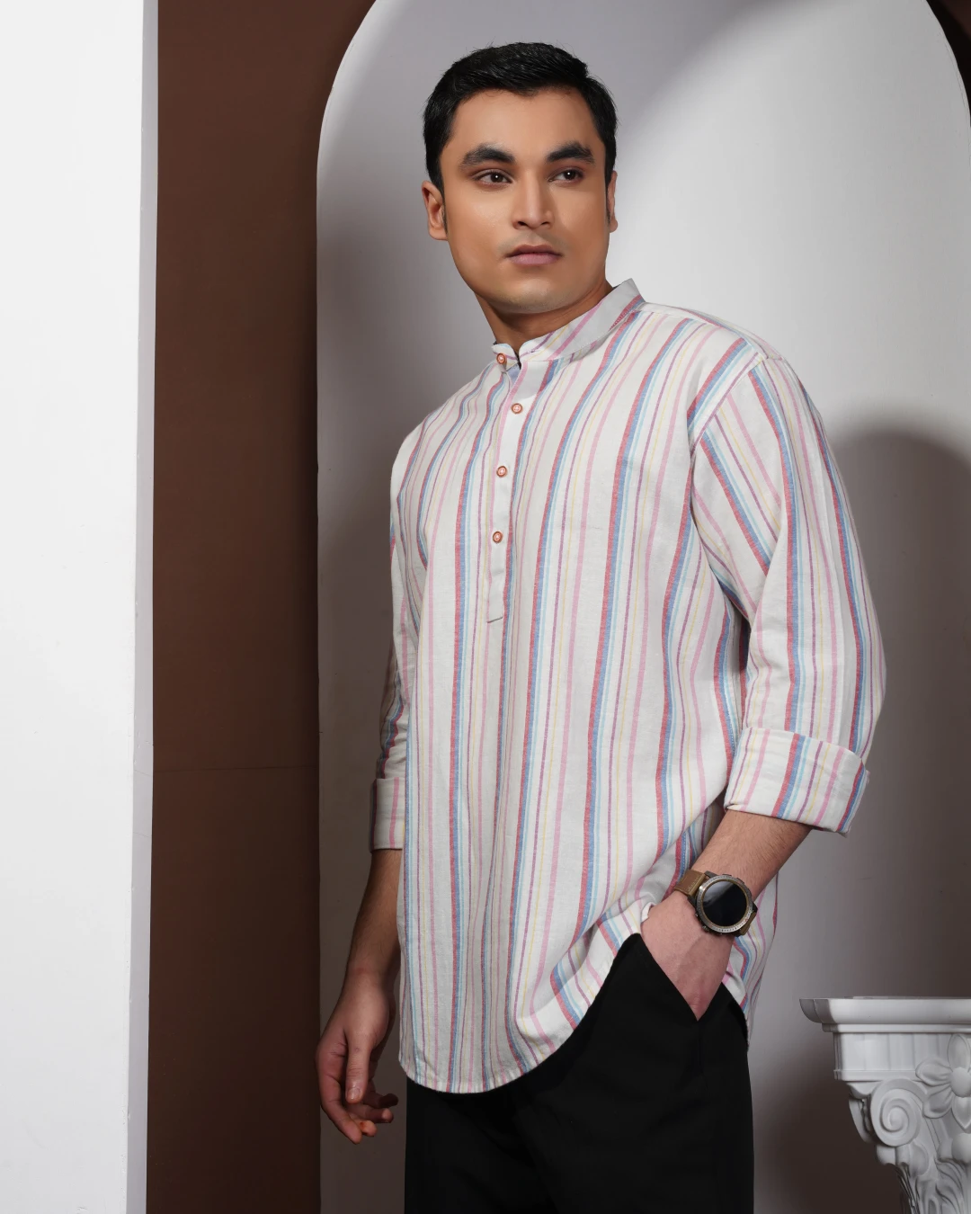 White base with multicolor vertical stripes