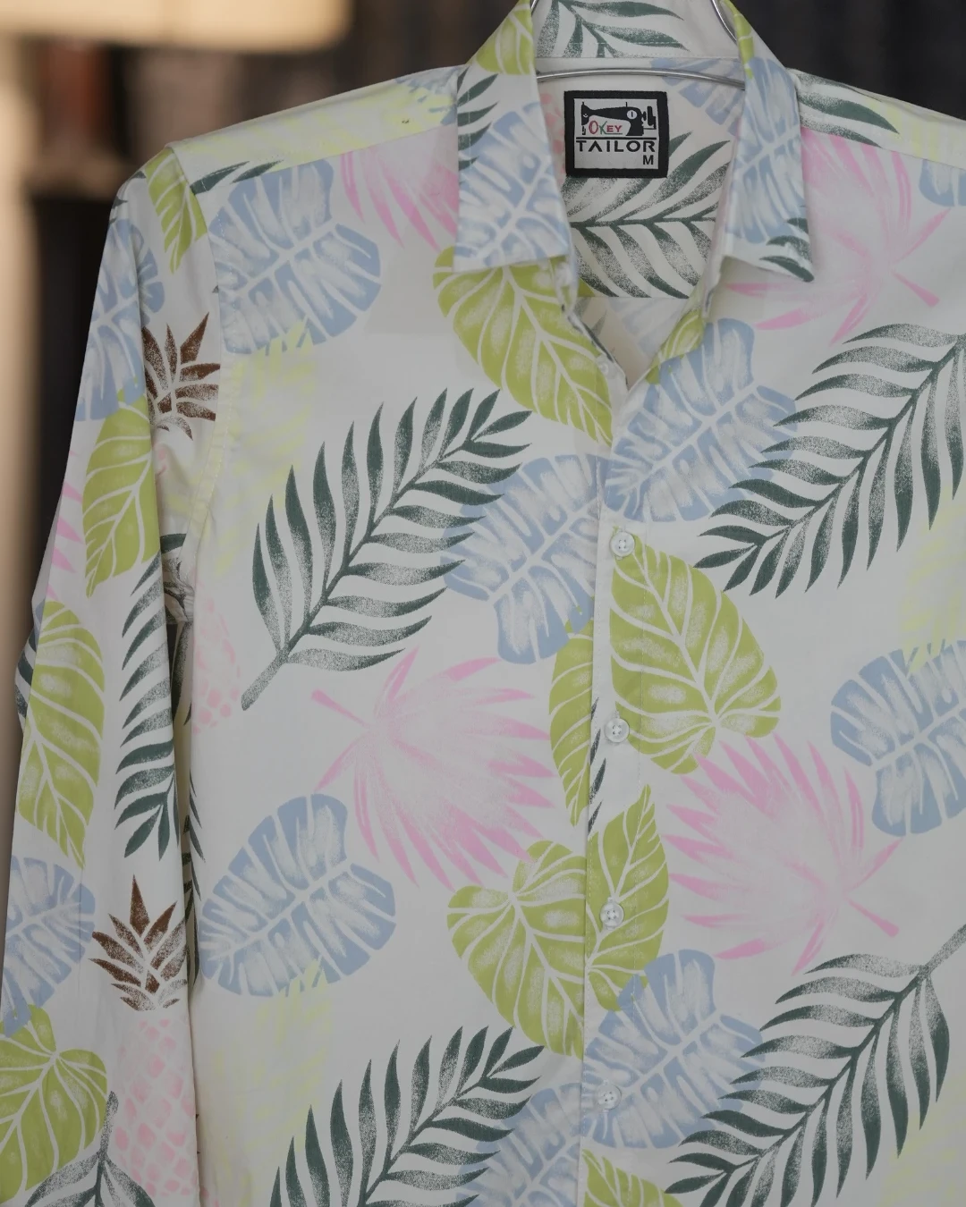 White Base Multicolor Tropical Leaf Print Shirt.