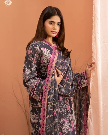 Pakistani Mishaal V3 Unstitched Three Piece Lawn - Charcoal x Pink