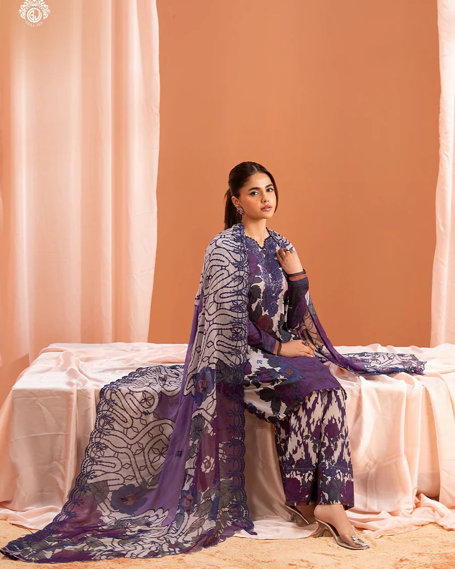 Pakistani Mishaal V3 Unstitched Three Piece Lawn -Violet x Black