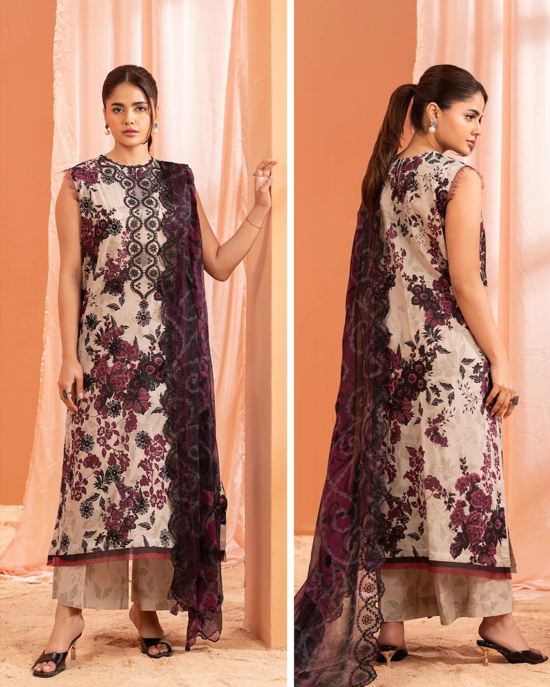 Pakistani Mishaal V3 Unstitched Three Piece Lawn - Cream x Magenta