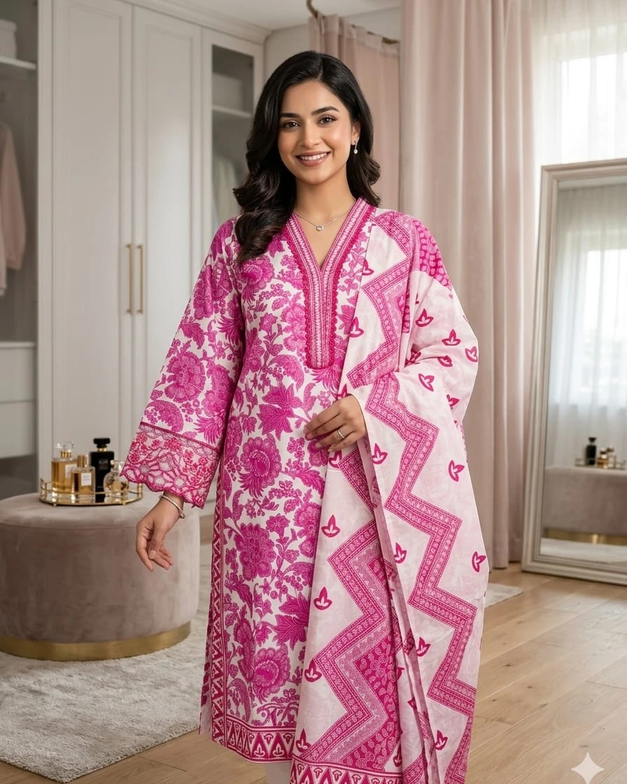 Mira Magenta Blossom Cotton 3-Piece Suit