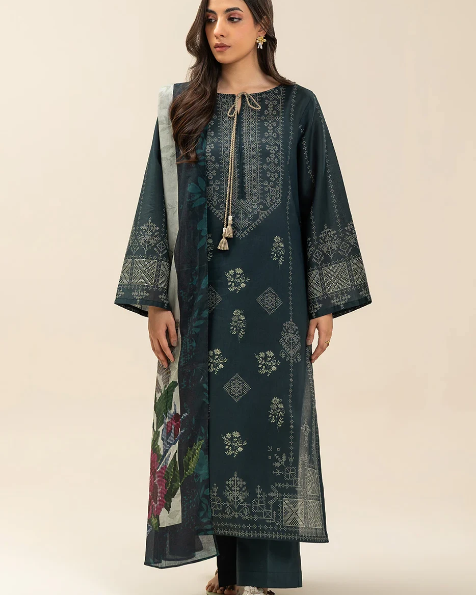 Beechtree 3 piece Unstitched Printed Lawn suit- Teal Green