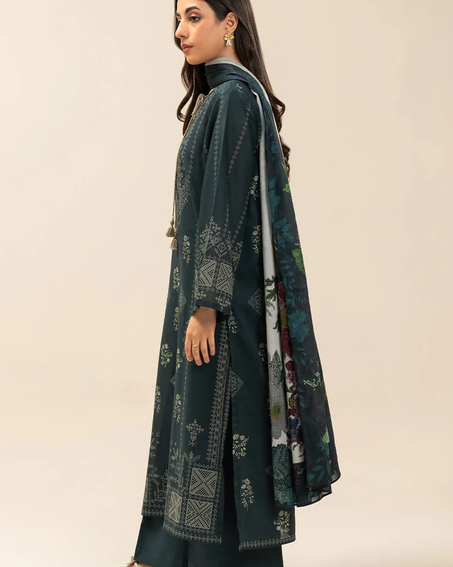 Beechtree 3 piece Unstitched Printed Lawn suit- Teal Green