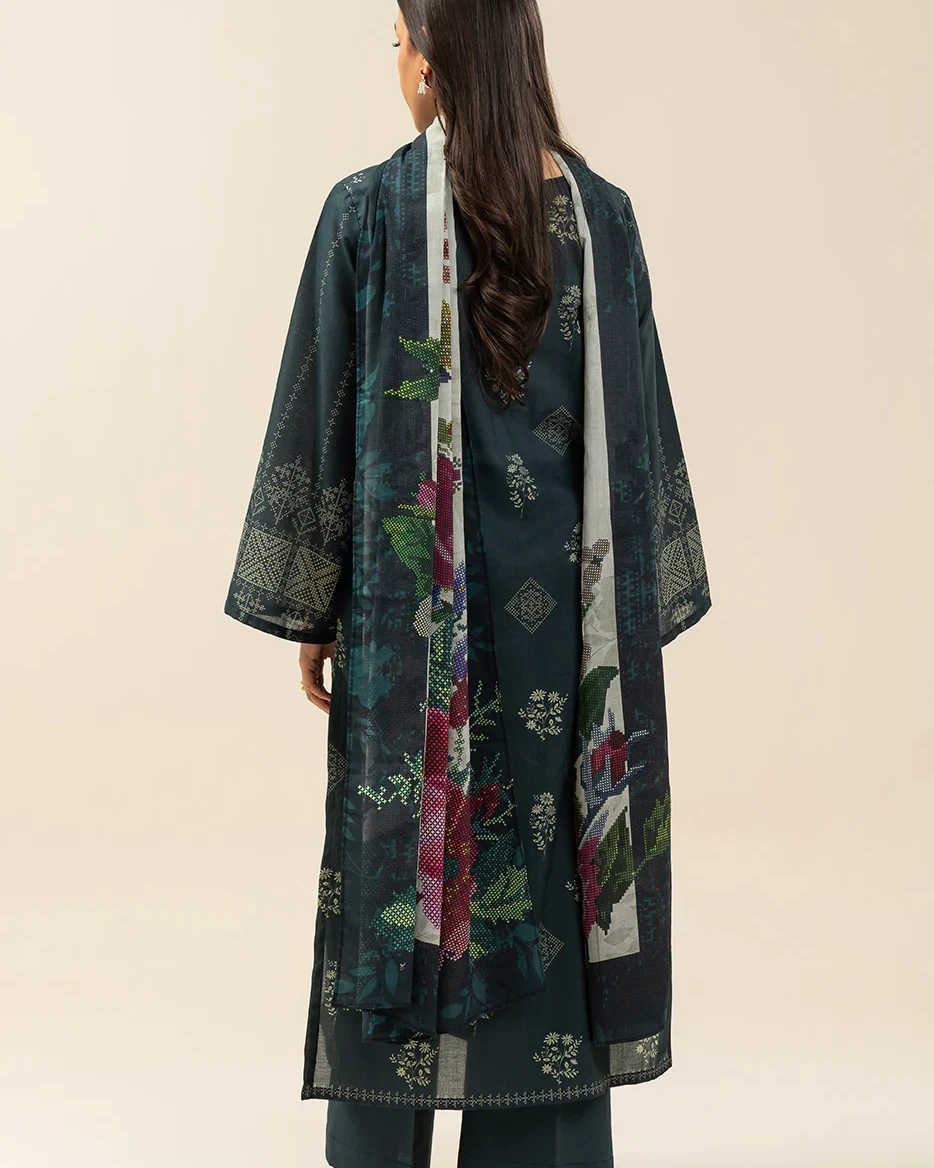 Beechtree 3 piece Unstitched Printed Lawn suit- Teal Green