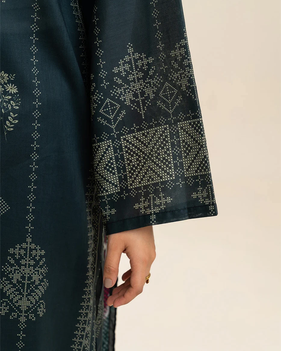 Beechtree 3 piece Unstitched Printed Lawn suit- Teal Green