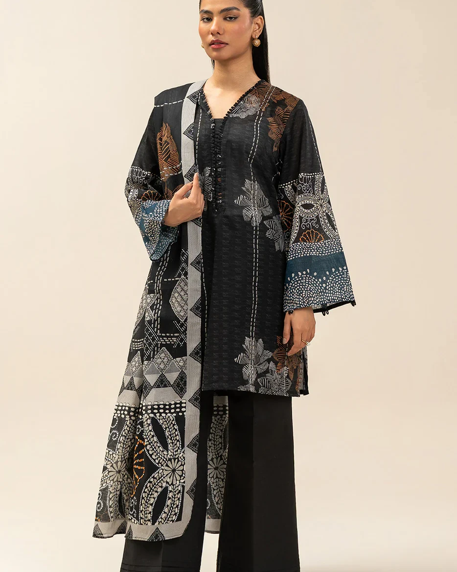 Beechtree 3 piece Unstitched Printed Lawn suit- Black Motif