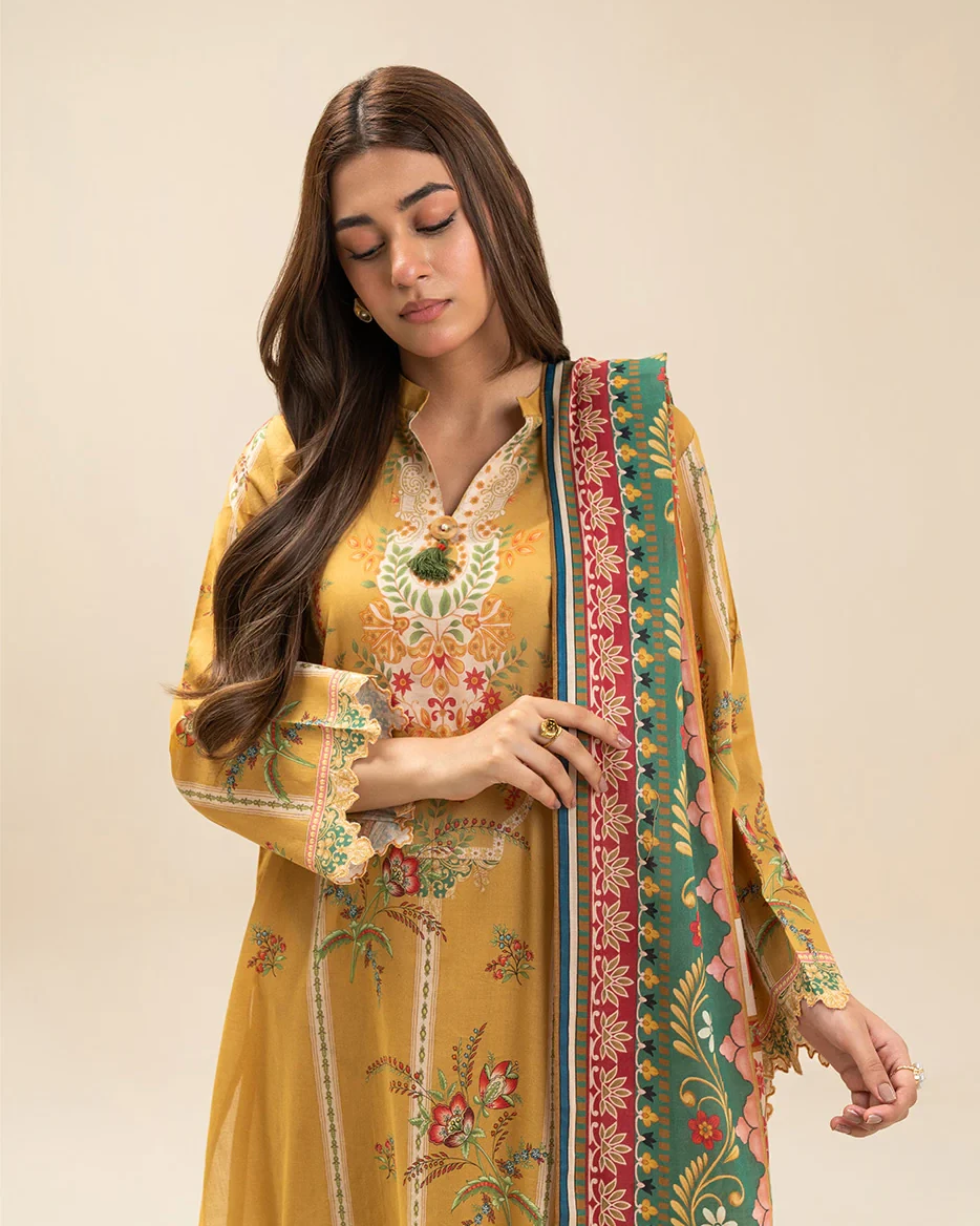 Beechtree 3 piece Unstitched Printed Lawn suit- Mustard Yellow 