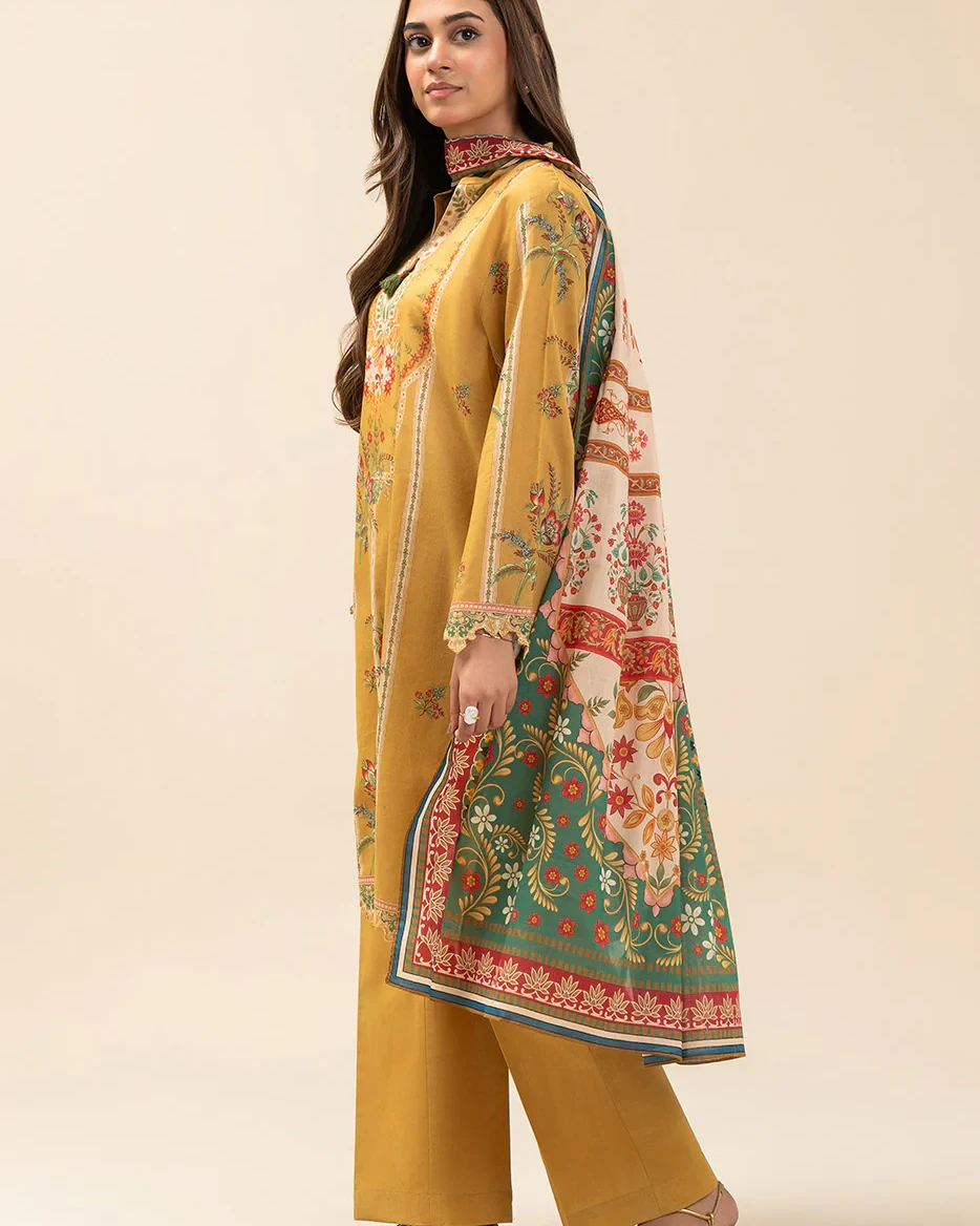 Beechtree 3 piece Unstitched Printed Lawn suit- Mustard Yellow 