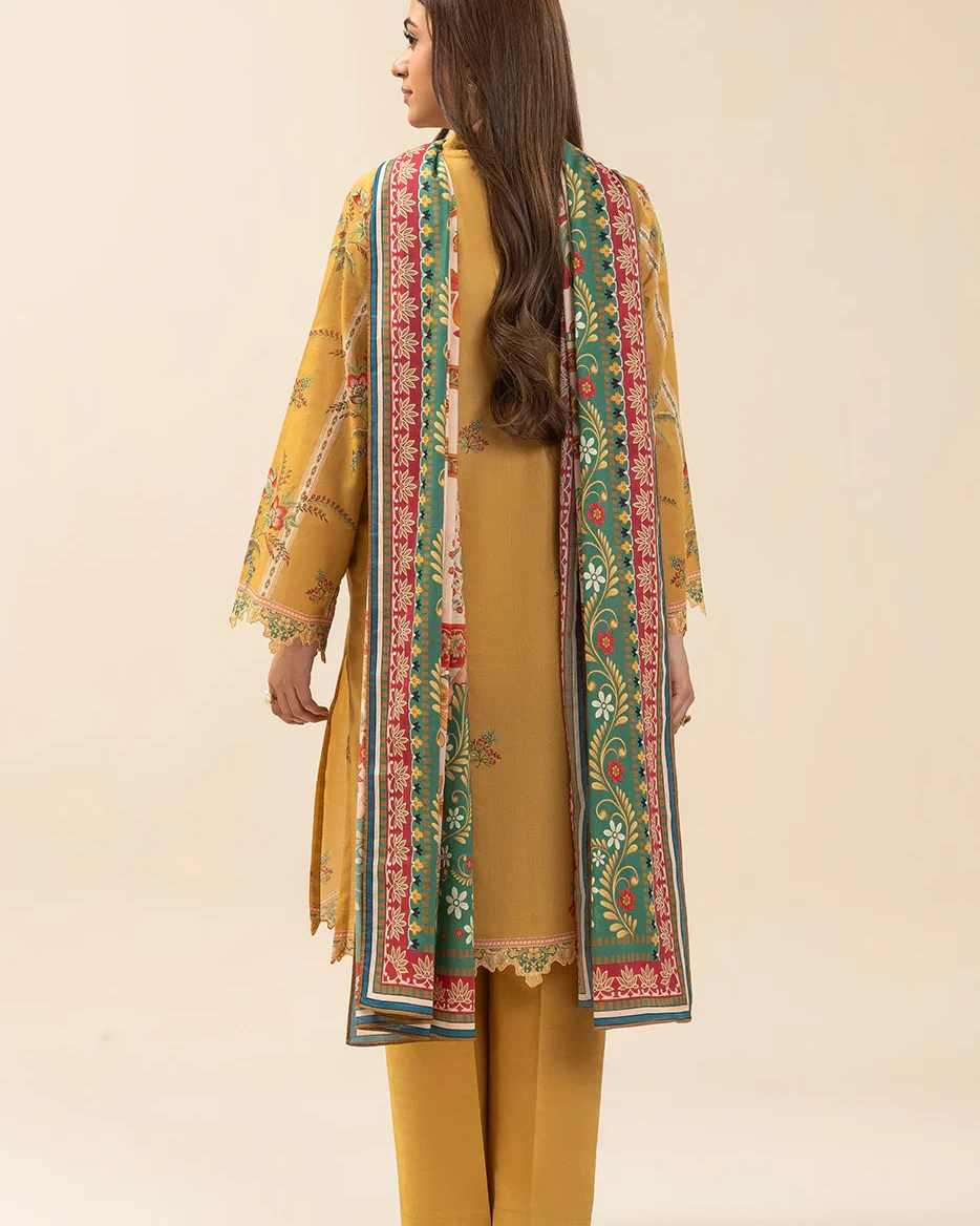 Beechtree 3 piece Unstitched Printed Lawn suit- Mustard Yellow 