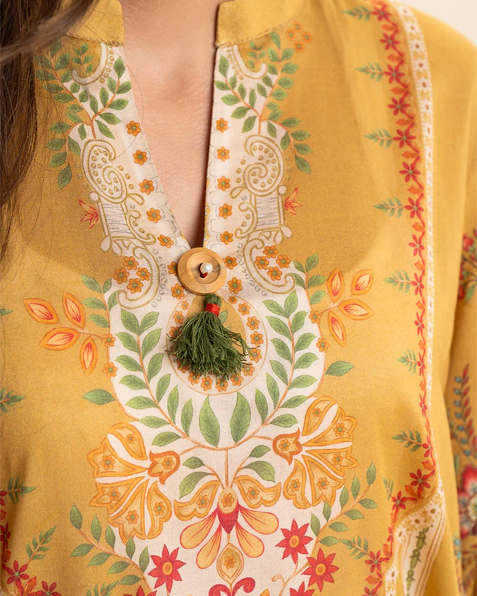 Beechtree 3 piece Unstitched Printed Lawn suit- Mustard Yellow 