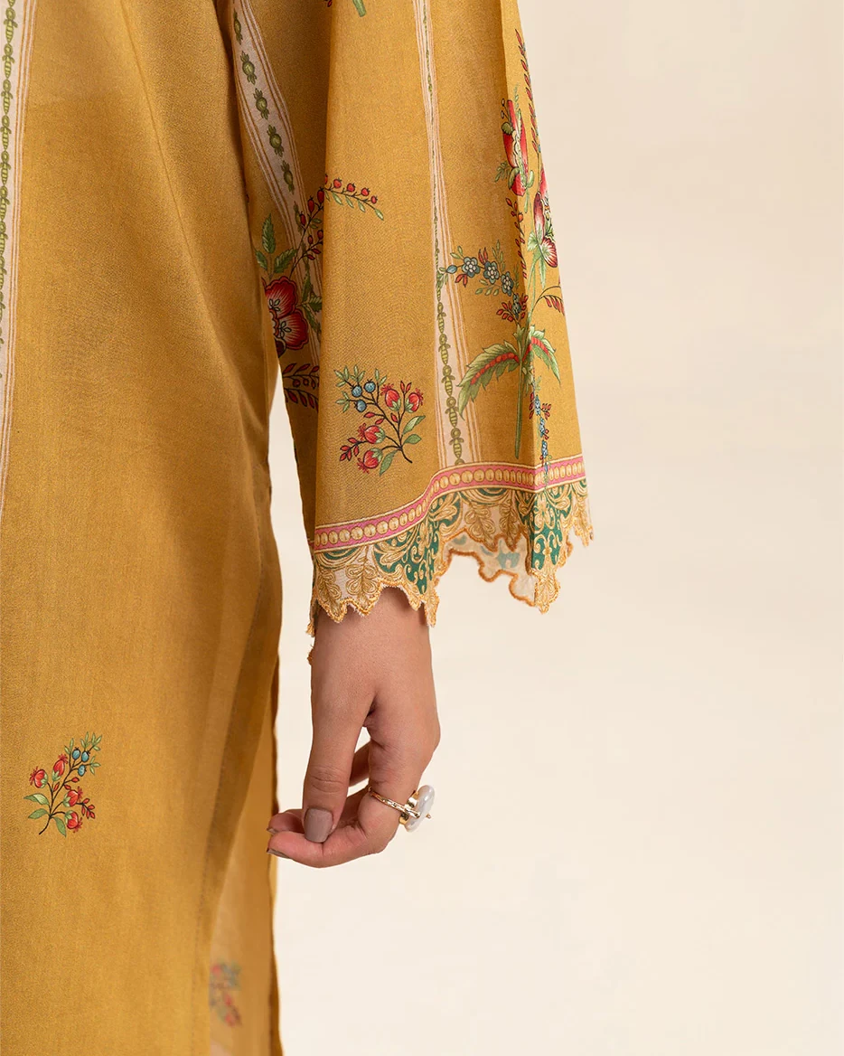 Beechtree 3 piece Unstitched Printed Lawn suit- Mustard Yellow 
