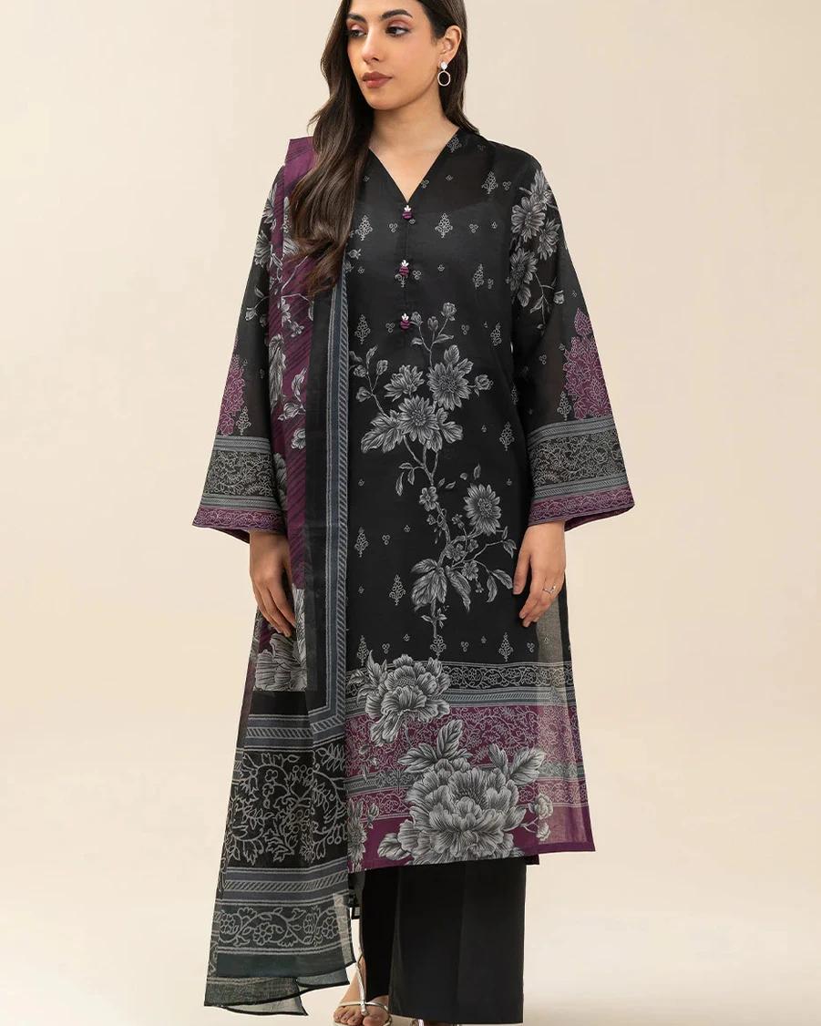 Beechtree 3 piece Unstitched Printed Lawn suit- Charcoal Black