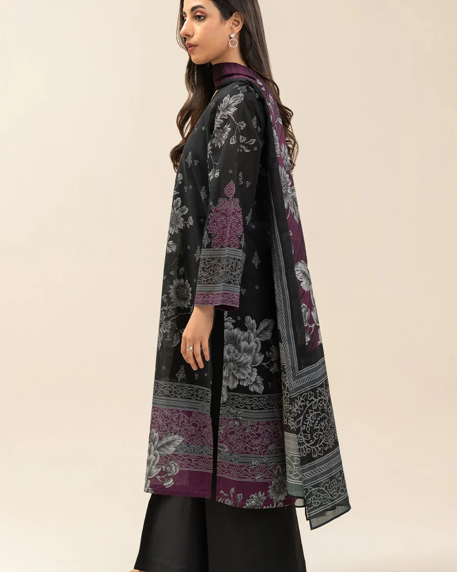 Beechtree 3 piece Unstitched Printed Lawn suit- Charcoal Black