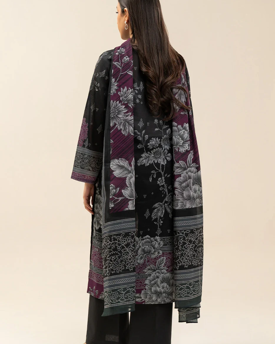 Beechtree 3 piece Unstitched Printed Lawn suit- Charcoal Black