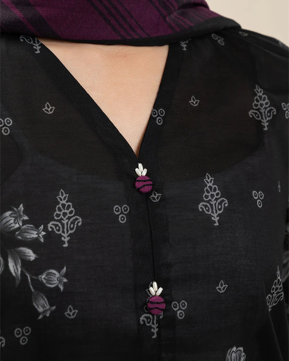 Beechtree 3 piece Unstitched Printed Lawn suit- Charcoal Black