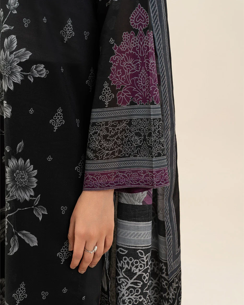 Beechtree 3 piece Unstitched Printed Lawn suit- Charcoal Black