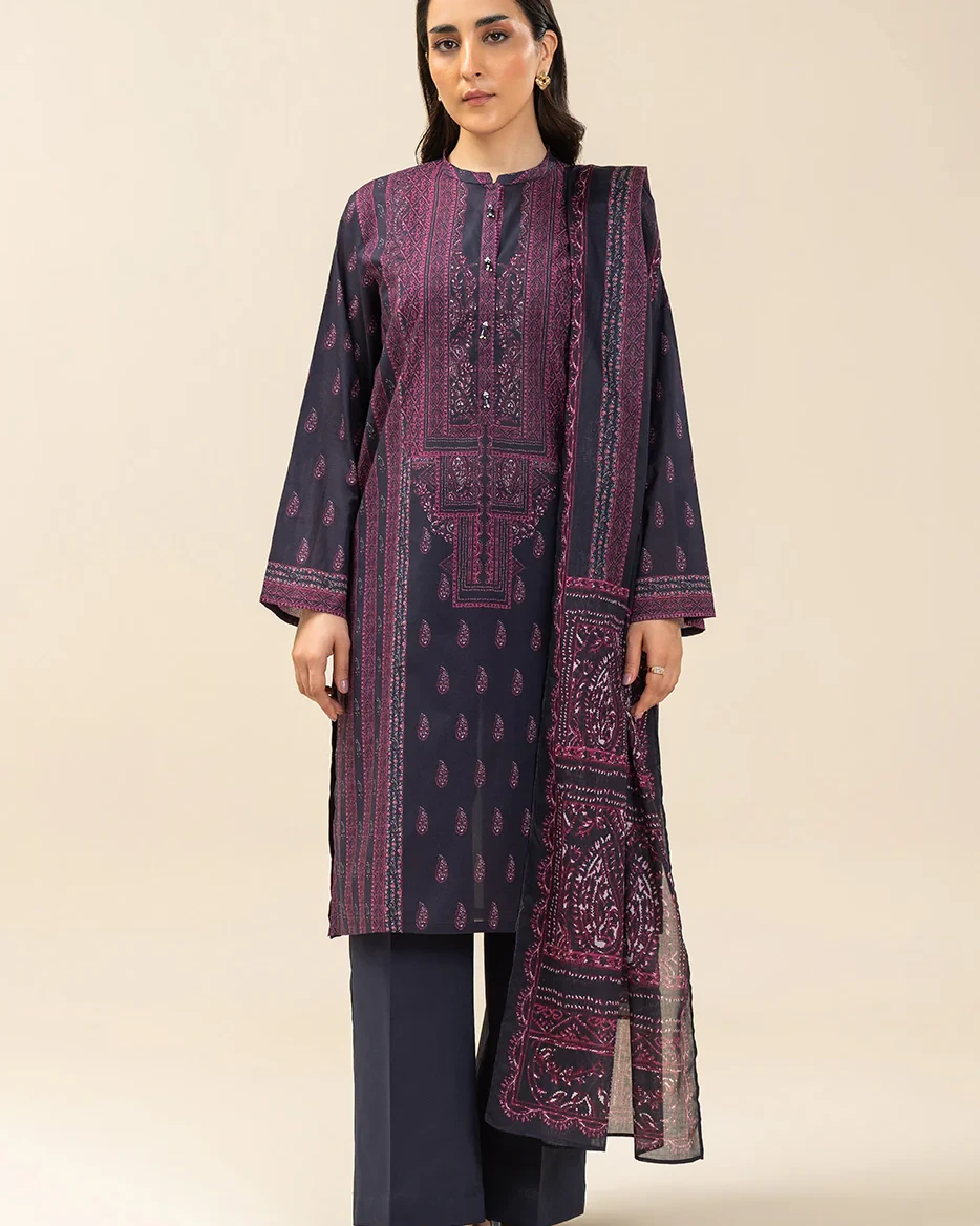 Beechtree 3 piece Unstitched Printed Lawn suit-Midnt Paisly 