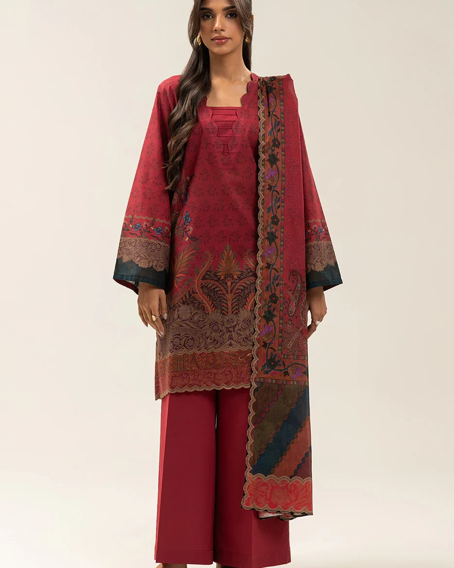 Beechtree 3 piece Unstitched Printed Lawn suit- Crimson Red