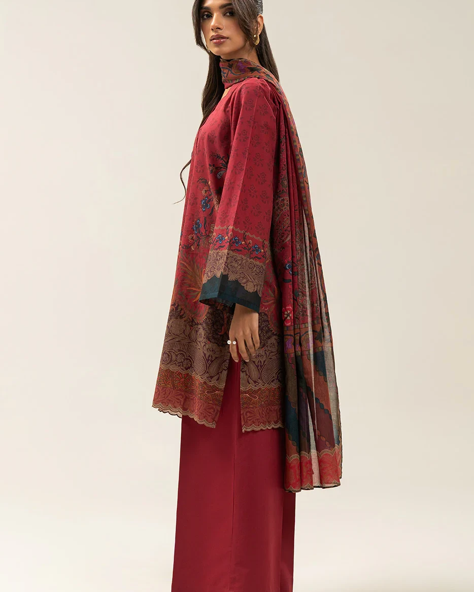 Beechtree 3 piece Unstitched Printed Lawn suit- Crimson Red