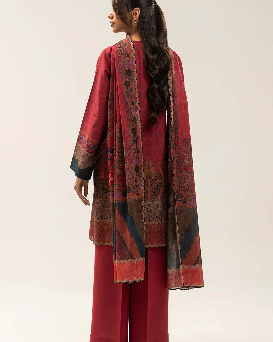 Beechtree 3 piece Unstitched Printed Lawn suit- Crimson Red