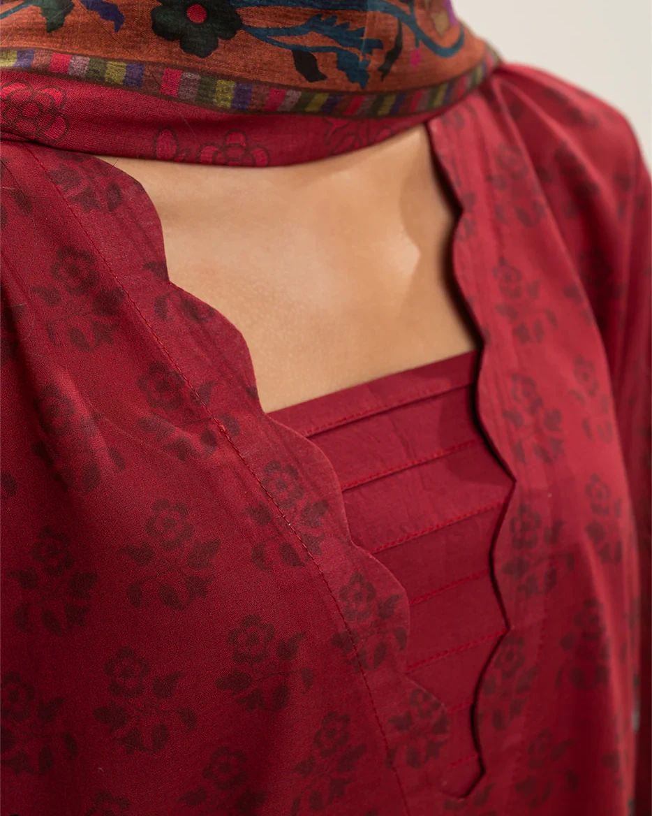 Beechtree 3 piece Unstitched Printed Lawn suit- Crimson Red