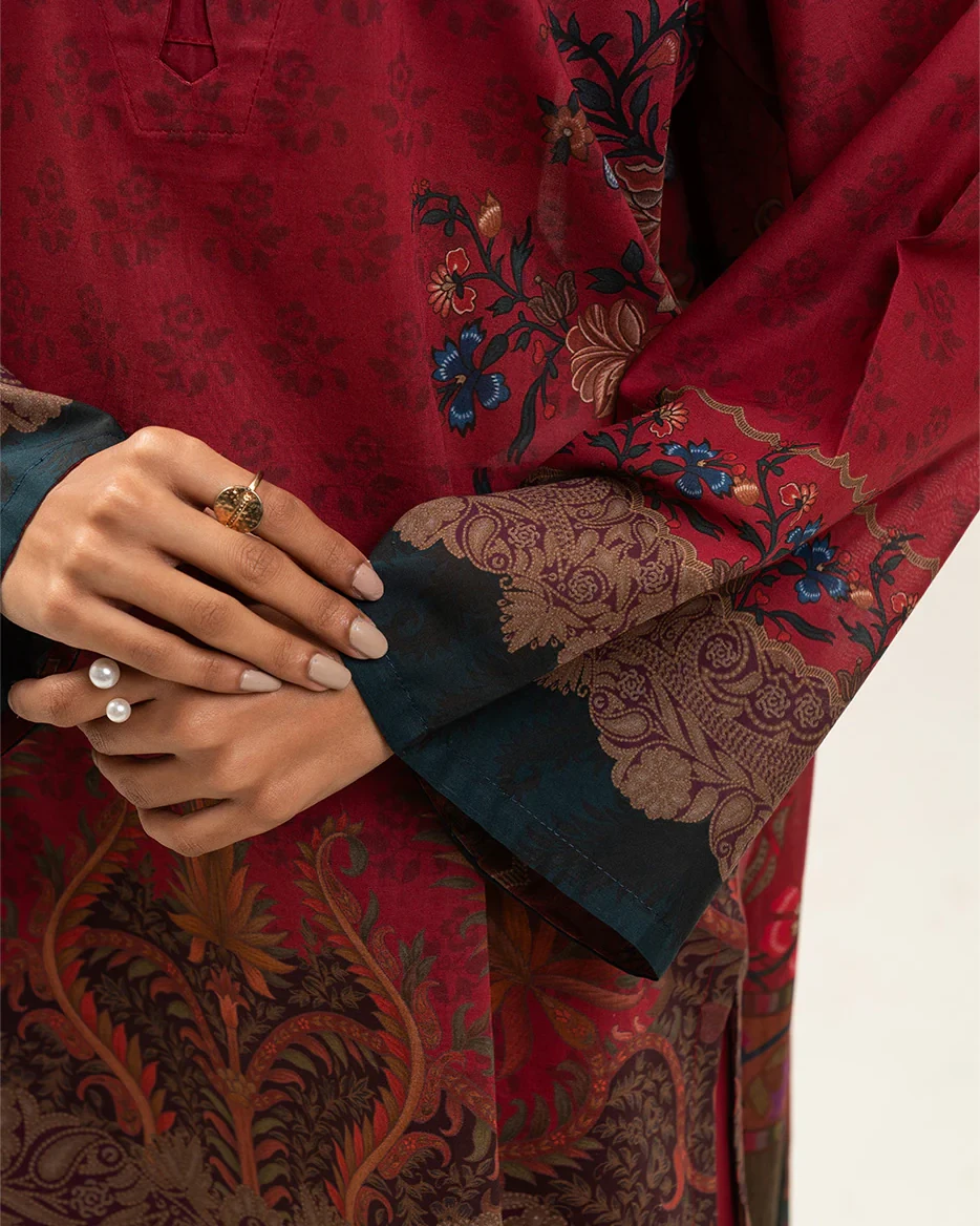 Beechtree 3 piece Unstitched Printed Lawn suit- Crimson Red