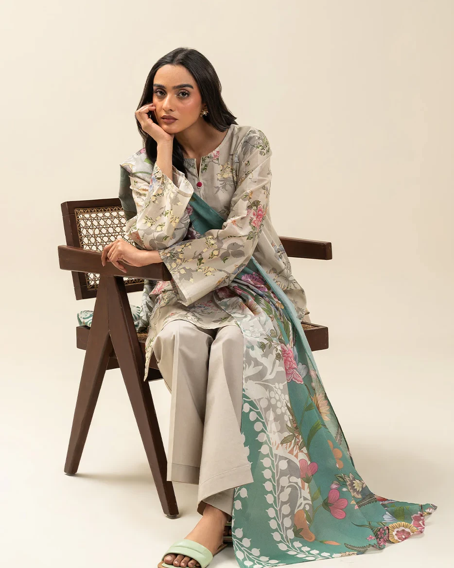 Beechtree 3 piece Unstitched Printed Lawn suit-Gray & Beige