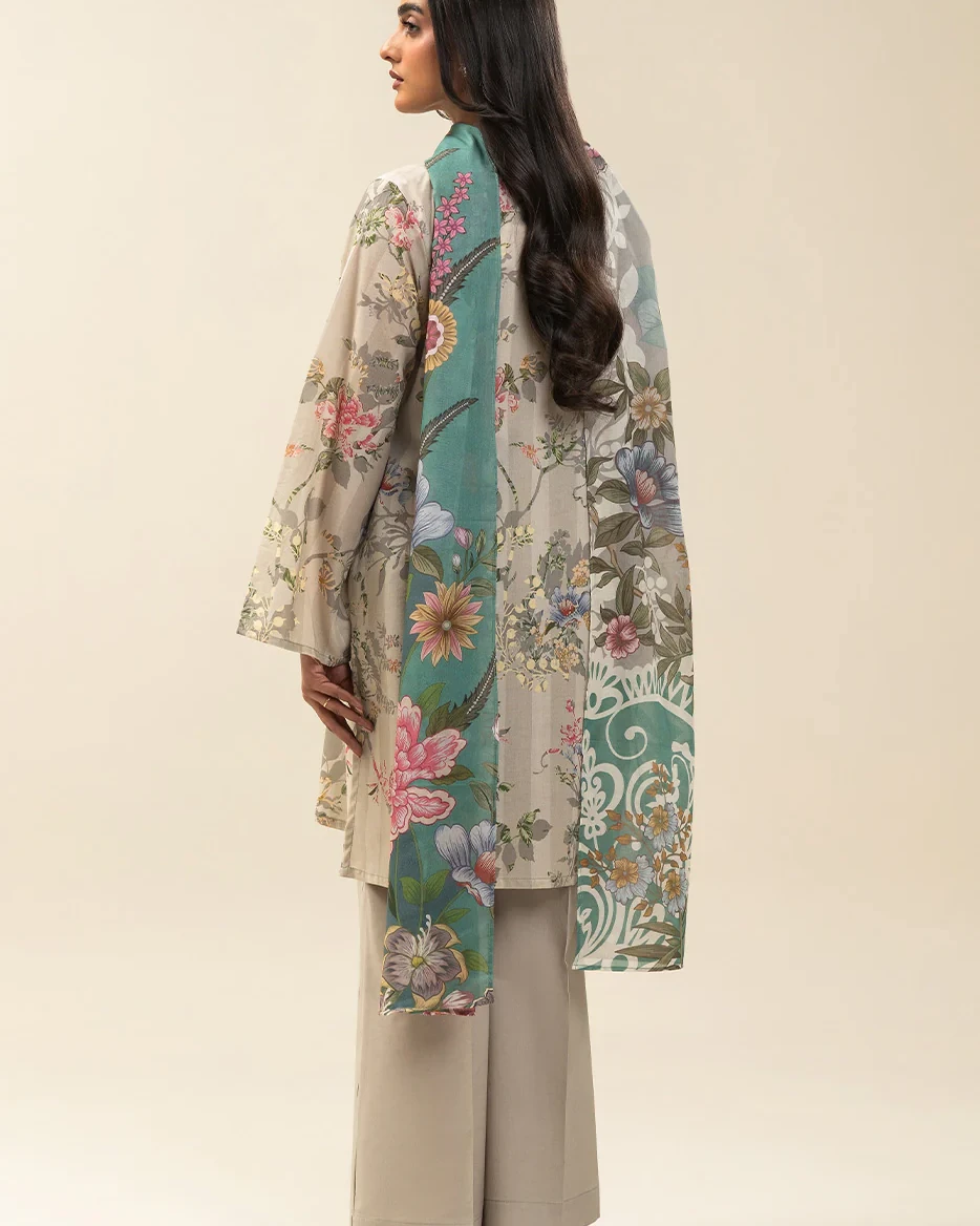 Beechtree 3 piece Unstitched Printed Lawn suit-Gray & Beige