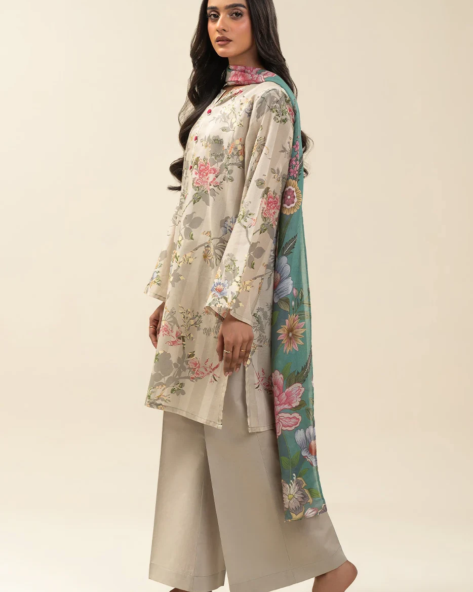 Beechtree 3 piece Unstitched Printed Lawn suit-Gray & Beige
