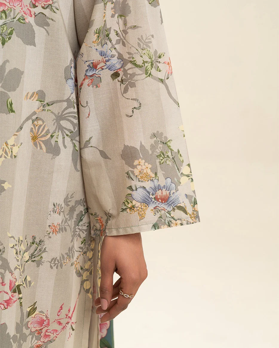 Beechtree 3 piece Unstitched Printed Lawn suit-Gray & Beige