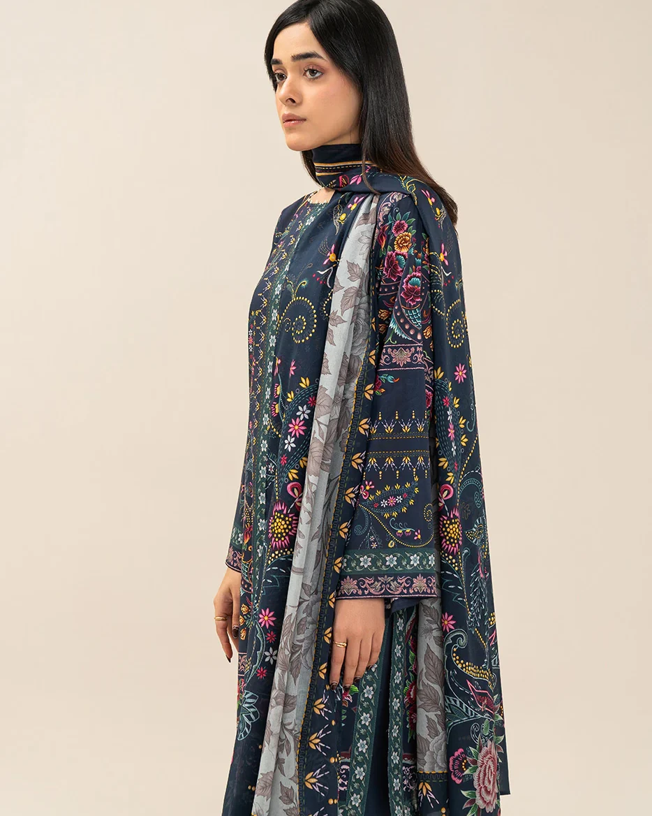 Beechtree 3 piece Unstitched Printed Lawn suit- Midnt Blue