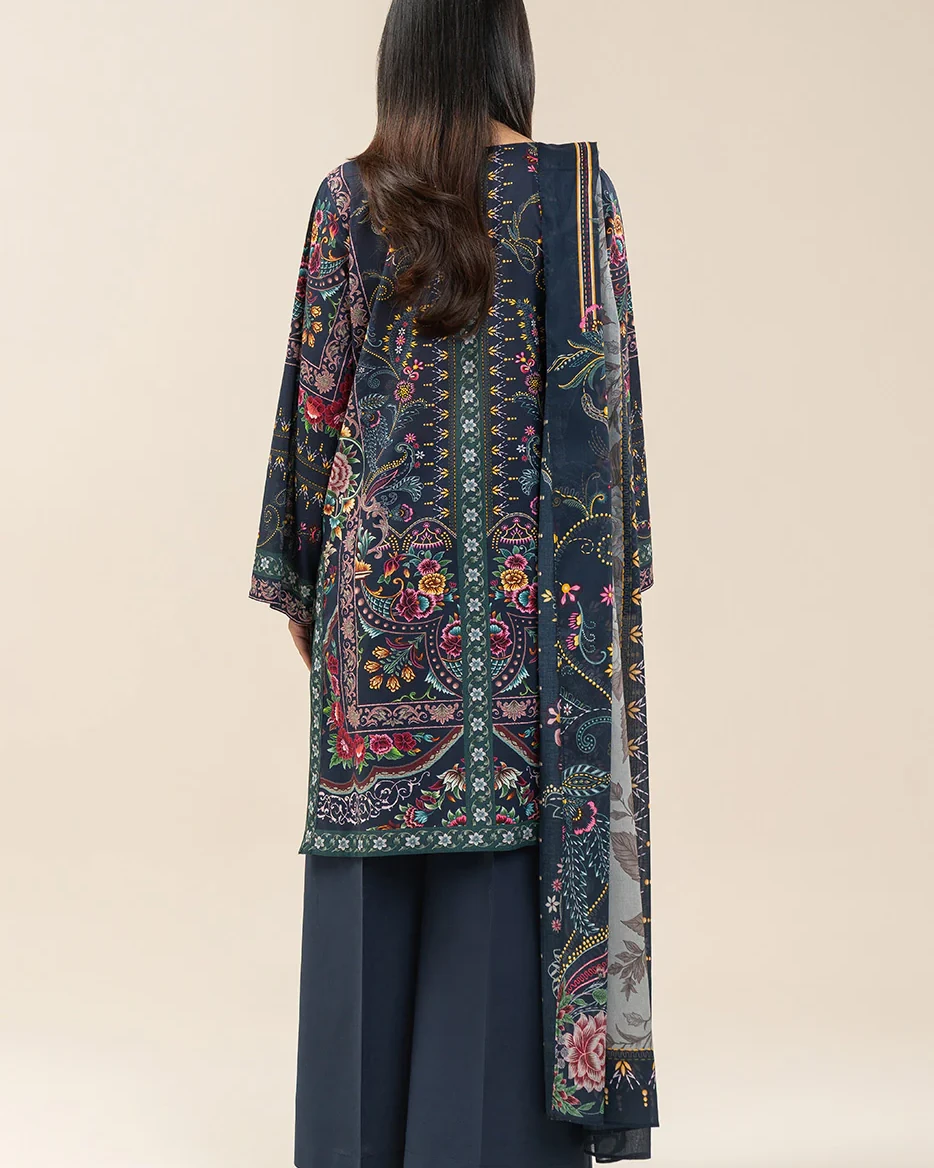 Beechtree 3 piece Unstitched Printed Lawn suit- Midnt Blue