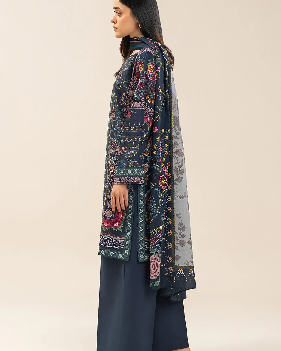 Beechtree 3 piece Unstitched Printed Lawn suit- Midnt Blue