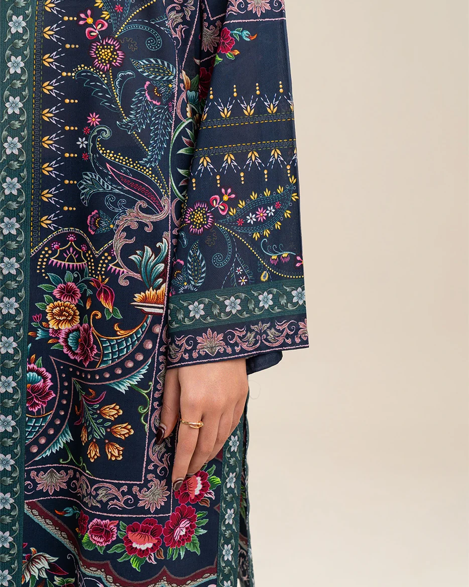 Beechtree 3 piece Unstitched Printed Lawn suit- Midnt Blue