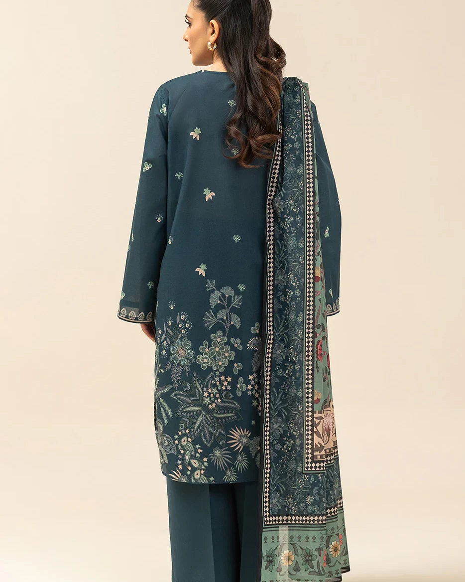 Beechtree 3 piece Unstitched Printed Lawn suit- Forest Green