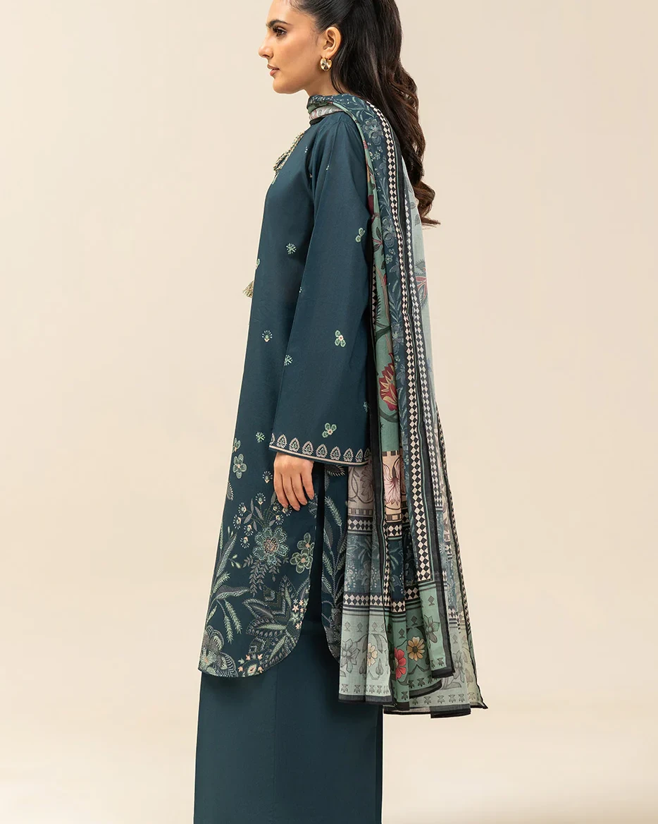 Beechtree 3 piece Unstitched Printed Lawn suit- Forest Green
